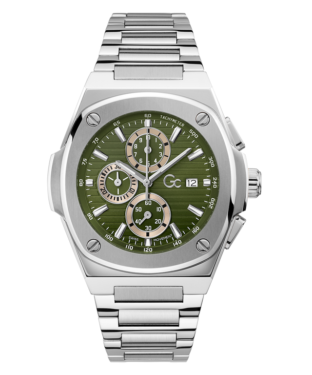 Gc Coussin Shape Chrono Metal Silver watch with a green dial on a white background