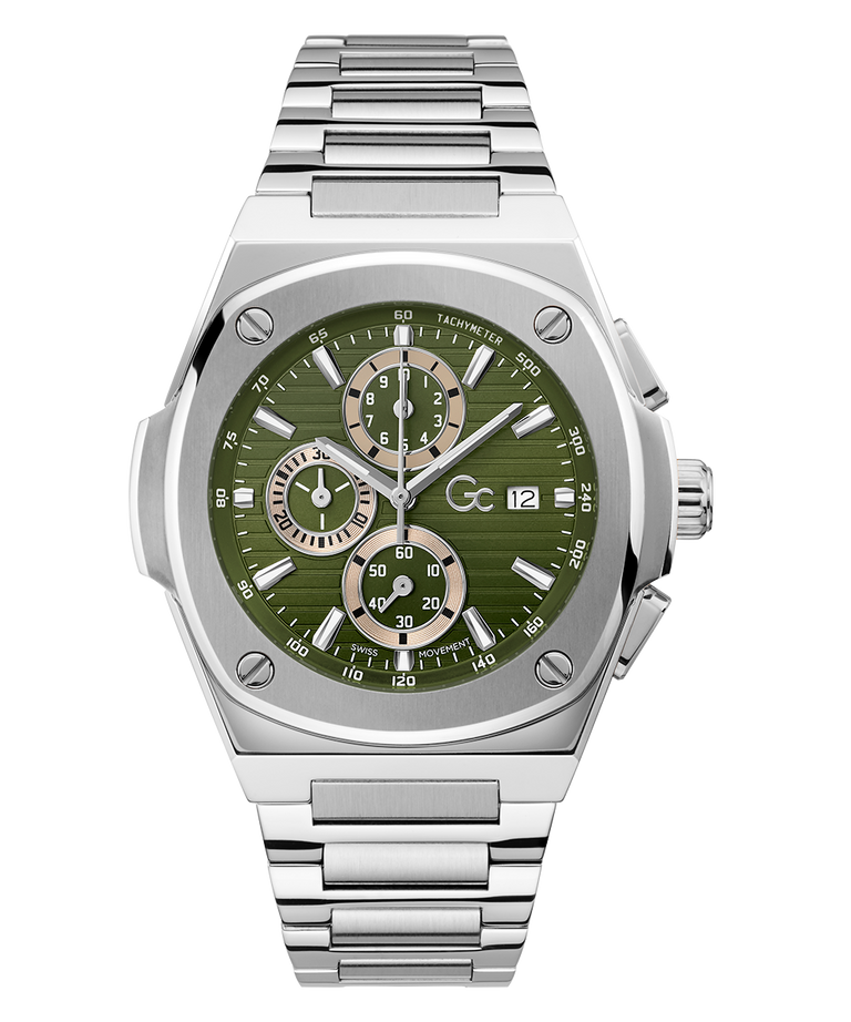 Gc Coussin Shape Chrono Metal Silver watch with a green dial on a white background