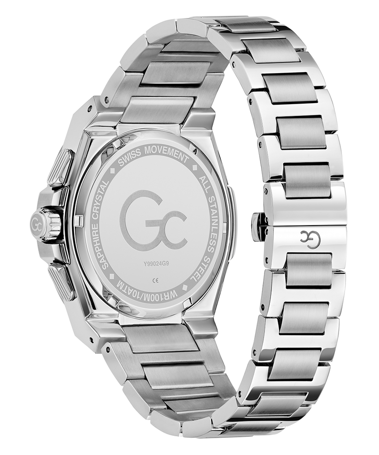 Gc Coussin Shape Chrono Metal Silver watch with a detailed caseback on a white background
