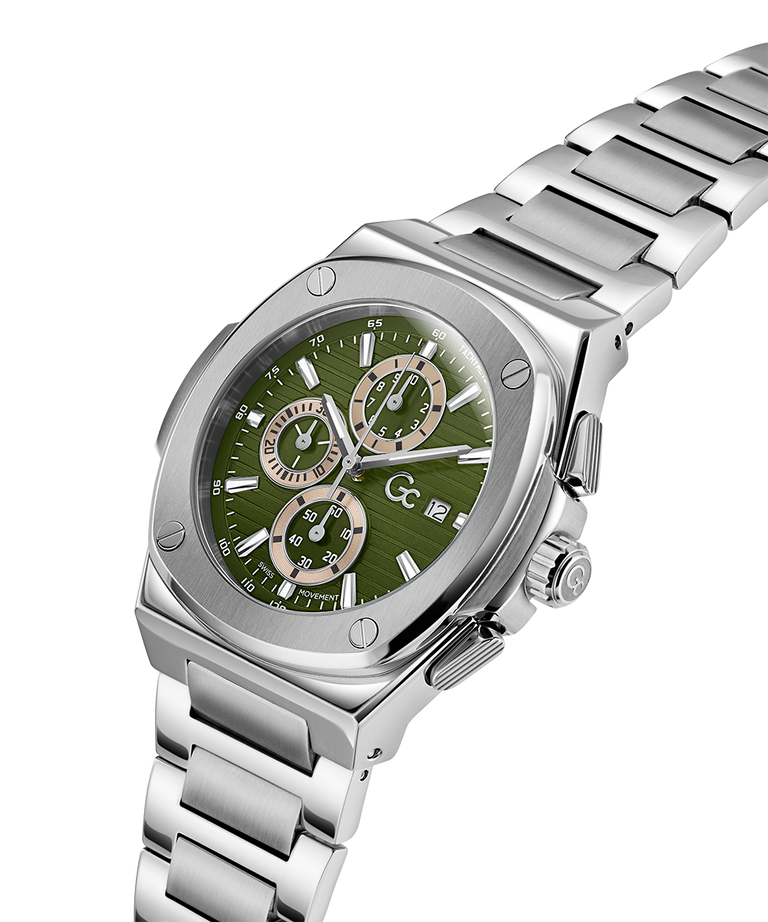 Gc Coussin Shape Chrono Metal Silver watch with a green dial on a white background lifestyle
