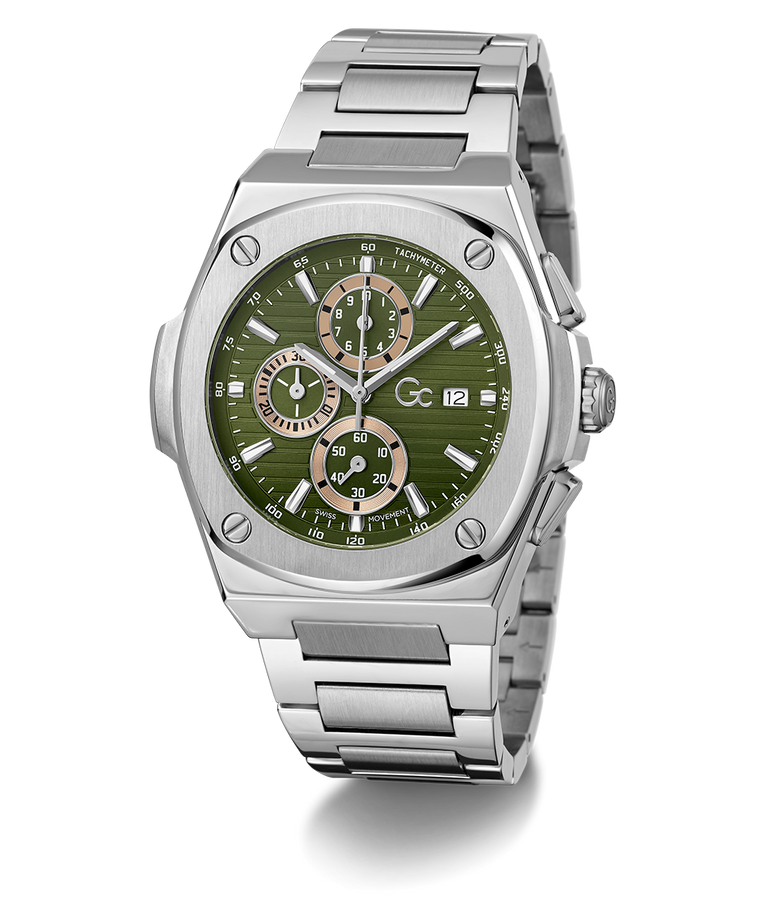 Gc Coussin Shape Chrono Metal Silver watch with a green dial on a white background