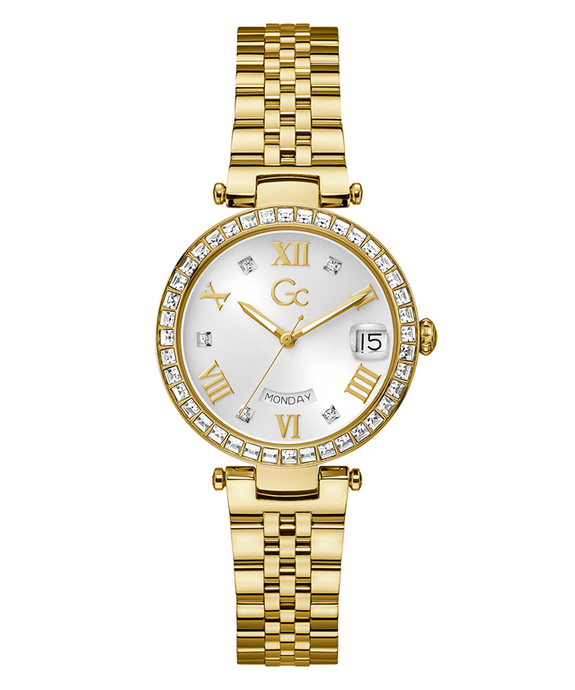 Gc Flair Crystal Mid Size Metal Gold watch with a white face and diamond accents on a white background