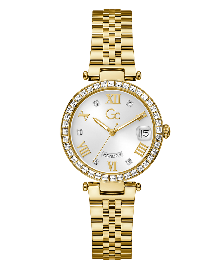 Gc Flair Crystal Mid Size Metal Gold watch with a white face and diamond accents on a white background