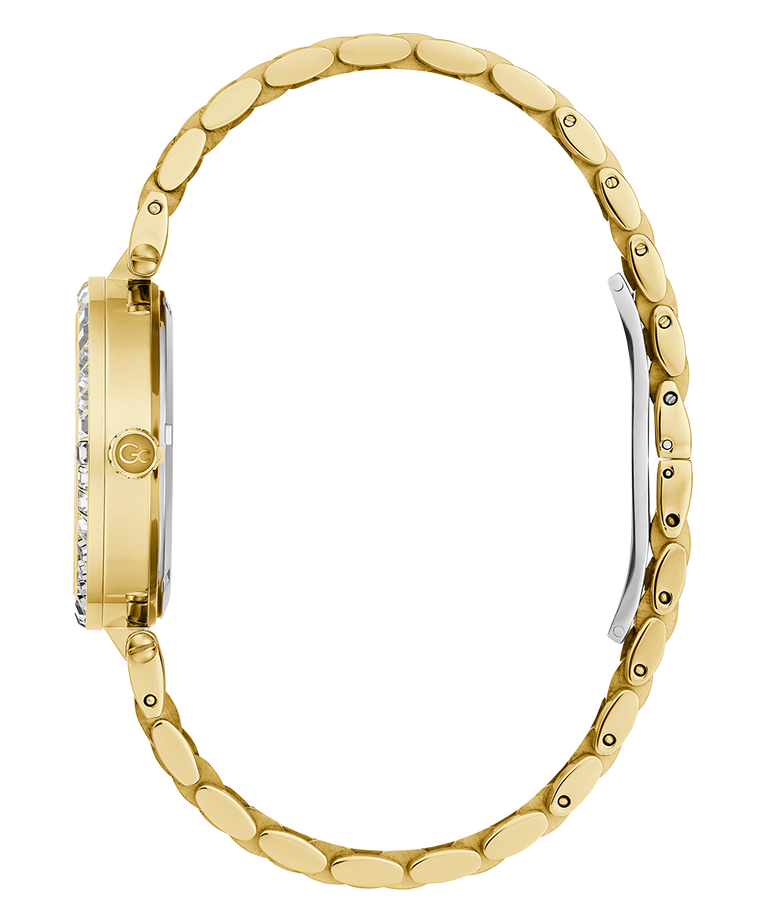 Gc Flair Crystal Mid Size Metal Gold watch with a textured band on a white background