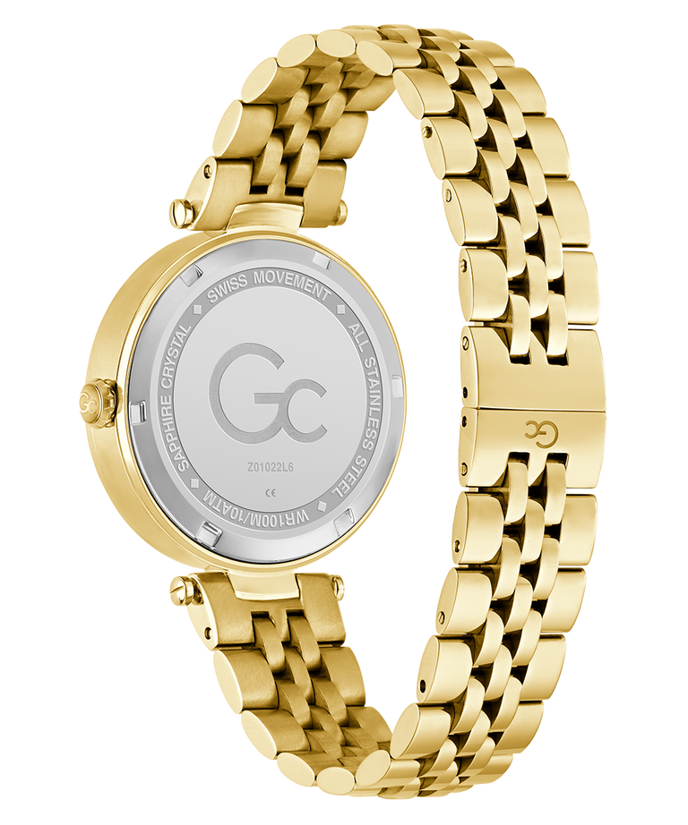 Gc Flair Crystal Mid Size Metal Gold watch with a chain strap on a white background