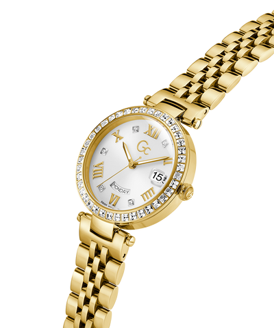 Gc Flair Crystal Mid Size Metal Gold wristwatch with a white dial on a white background lifestyle