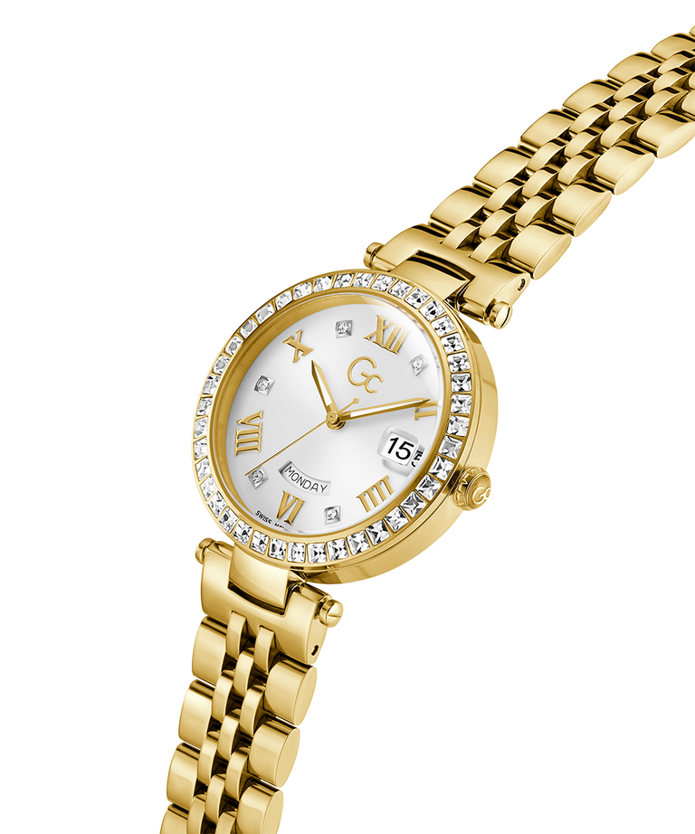 Gc Flair Crystal Mid Size Metal Gold wristwatch with a white dial on a white background lifestyle