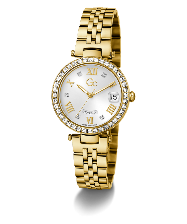 Gc Flair Crystal Mid Size Metal Gold watch with diamond-studded face on a white background