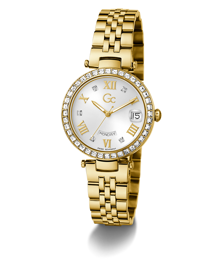 Gc Flair Crystal Mid Size Metal Gold watch with diamond-studded face on a white background
