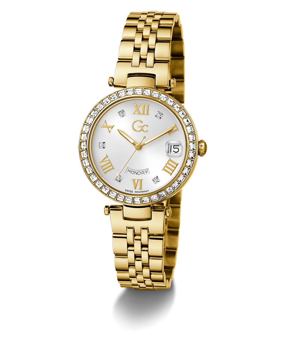 Gc Flair Crystal Mid Size Metal Gold watch with diamond-studded face on a white background
