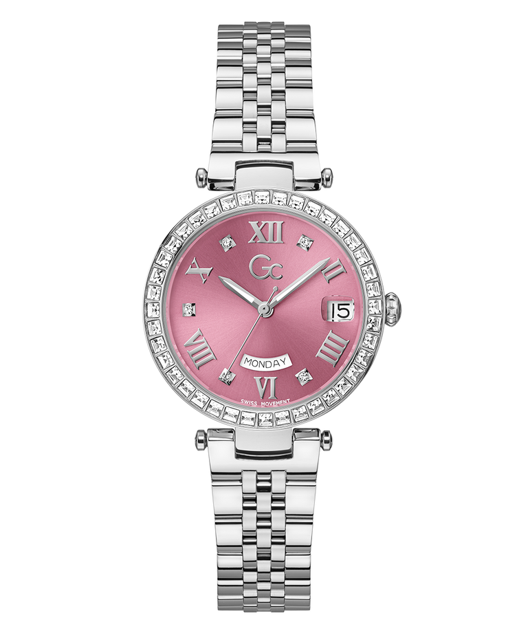 Z12010L9 Wristwatch with pink dial and silver metal band on a white background