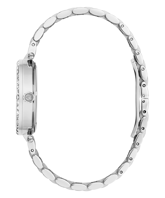 Silver watch with a detailed band on a white background