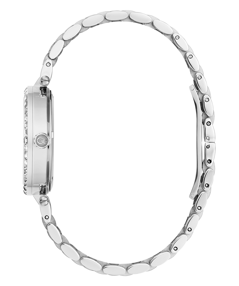 Silver watch with a detailed band on a white background