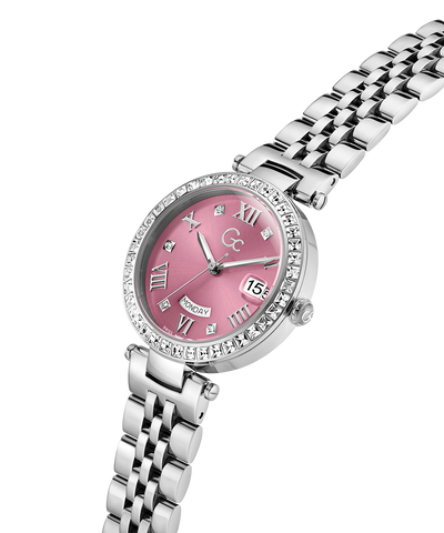 Silver watch with a pink face on a white background lifestyle