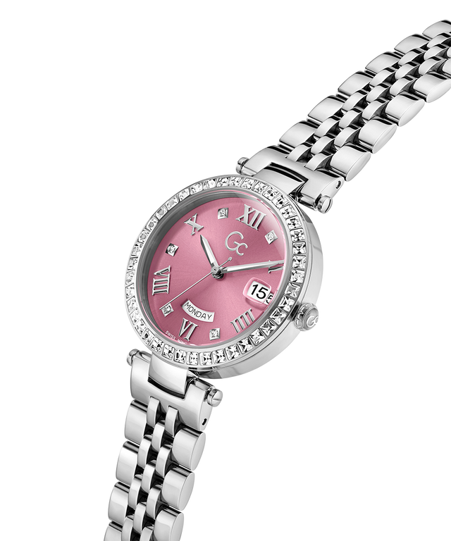 Silver watch with a pink face on a white background lifestyle