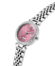 Silver watch with a pink face on a white background lifestyle