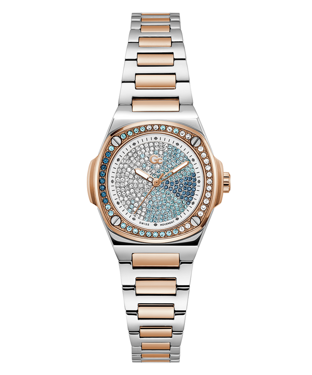 Gc Coussin Shape Mini Small Size Metal watch with a two-tone rose gold and silver bracelet on a white background