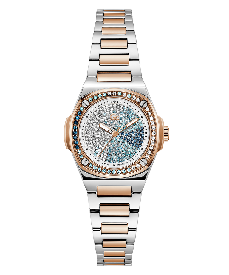 Gc Coussin Shape Mini Small Size Metal watch with a two-tone rose gold and silver bracelet on a white background