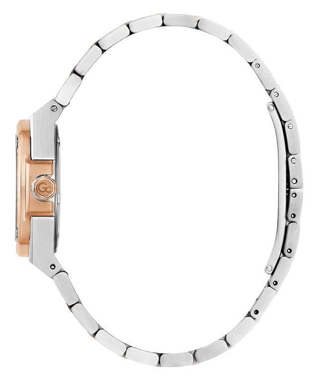 Close-up of a Gc Coussin Shape Mini Small Size Metal watch with a silver metal band on a white background