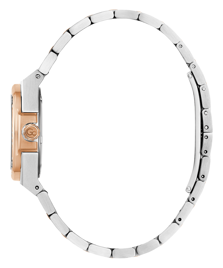 Close-up of a Gc Coussin Shape Mini Small Size Metal watch with a silver metal band on a white background