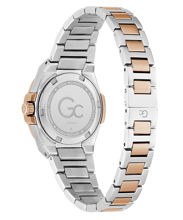 Two-tone silver and rose gold Gc Coussin Shape Mini Small Size Metal watch with 'GC' logo on a white background