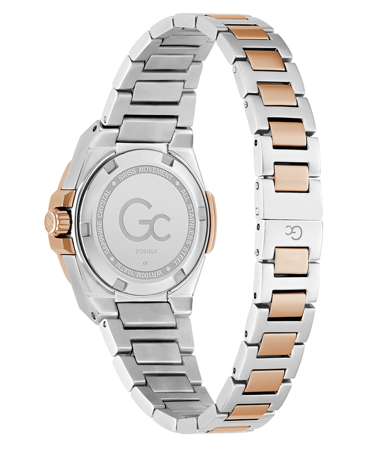 Two-tone silver and rose gold Gc Coussin Shape Mini Small Size Metal watch with 'GC' logo on a white background