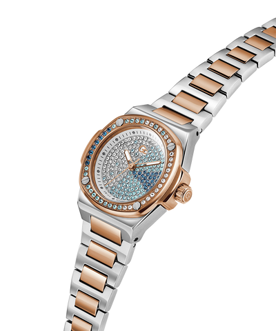 Gc Coussin Shape Mini Small Size Metal watch with a two-tone metal strap on a white background lifestyle