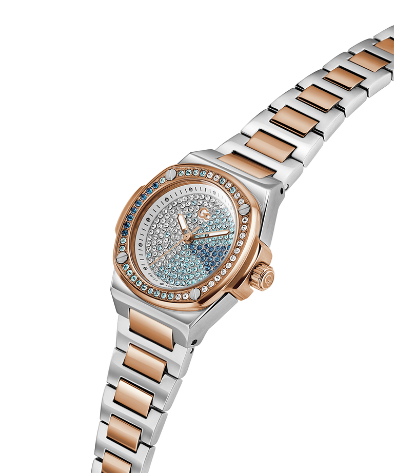 Gc Coussin Shape Mini Small Size Metal watch with a two-tone metal strap on a white background lifestyle
