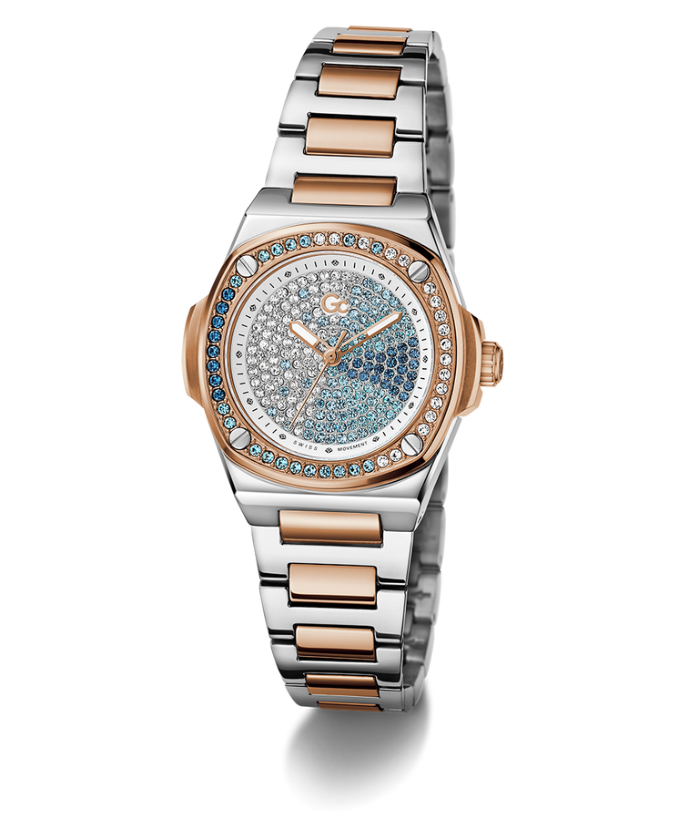 Gc Coussin Shape Mini Small Size Metal watch with rose gold and silver band on a white background