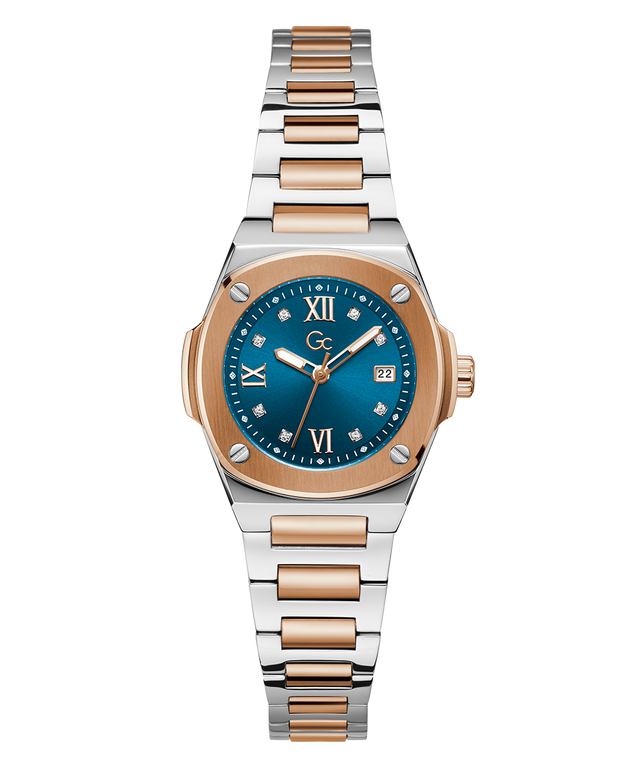 Gc Coussin Shape Mini Small Size Metal Two-tone watch with a blue dial on a white background