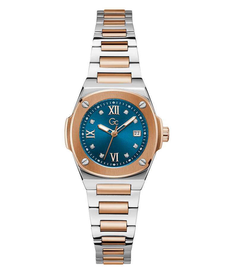 Gc Coussin Shape Mini Small Size Metal Two-tone watch with a blue dial on a white background