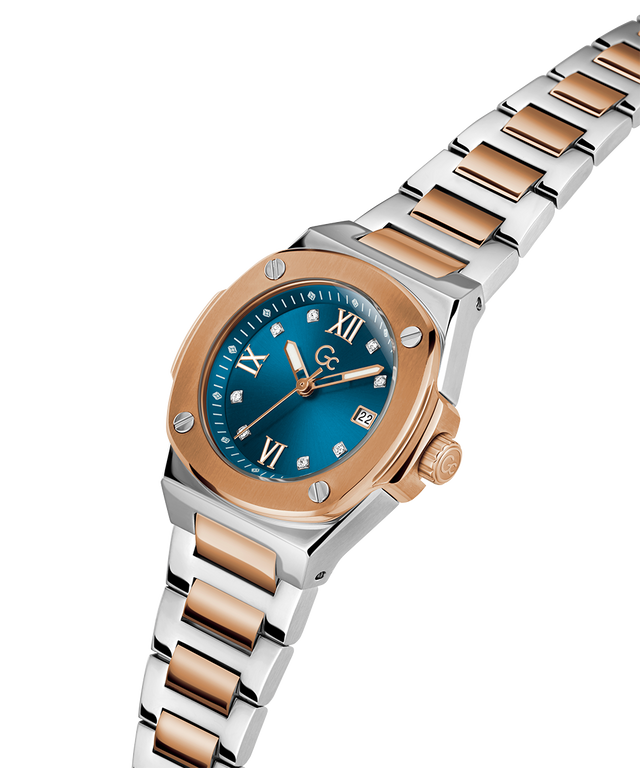 Gc Coussin Shape Mini Small Size Metal Two-tone watch with blue dial and rose gold accents on a white background lifestyle