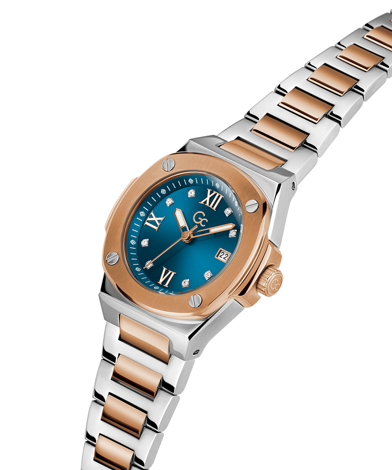 Gc Coussin Shape Mini Small Size Metal Two-tone watch with blue dial and rose gold accents on a white background lifestyle