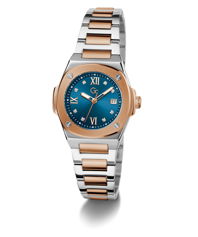 Gc Coussin Shape Mini Small Size Metal Two-tone watch with rose gold and silver band on a white background