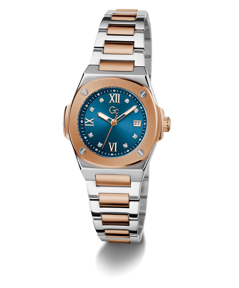Gc Coussin Shape Mini Small Size Metal Two-tone watch with rose gold and silver band on a white background