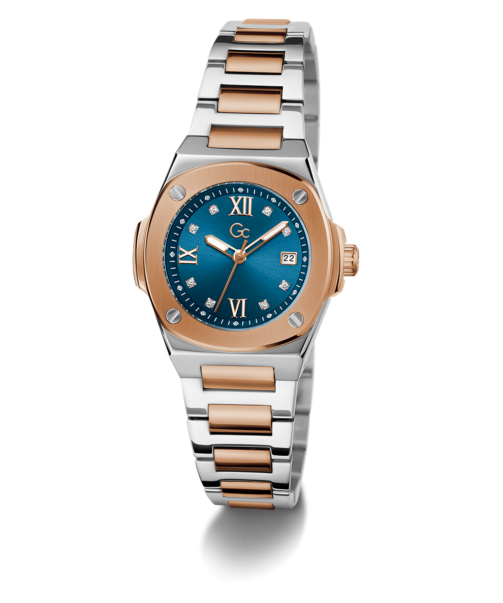Gc Coussin Shape Mini Small Size Metal Two-tone watch with rose gold and silver band on a white background