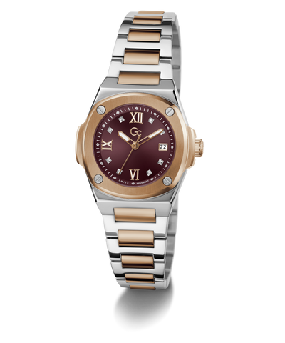A women's two-tone wristwatch with a silver and rose gold link bracelet, a rose gold bezel, and a deep burgundy dial with Roman numerals and diamond hour markers.