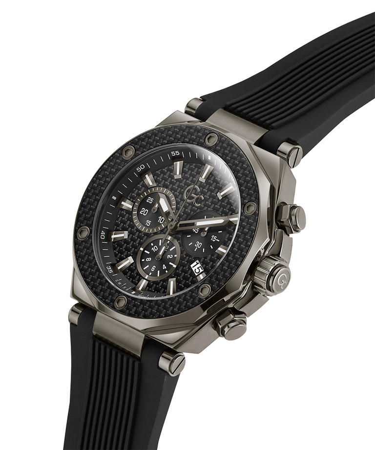 Gc Legacy Chrono Silicone Black watch with detailed face on a white background lifestyle
