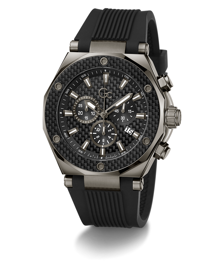 Gc Legacy Chrono Silicone Black watch with detailed face on a white background