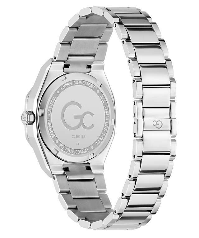 Gc Coussin Sleek Lady Mid Size Metal watch with a detailed face on a white background