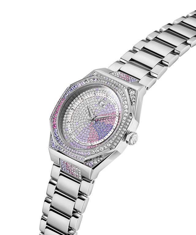 Gc Coussin Sleek Lady Mid Size Metal Silver watch with a colorful face on a white background lifestyle