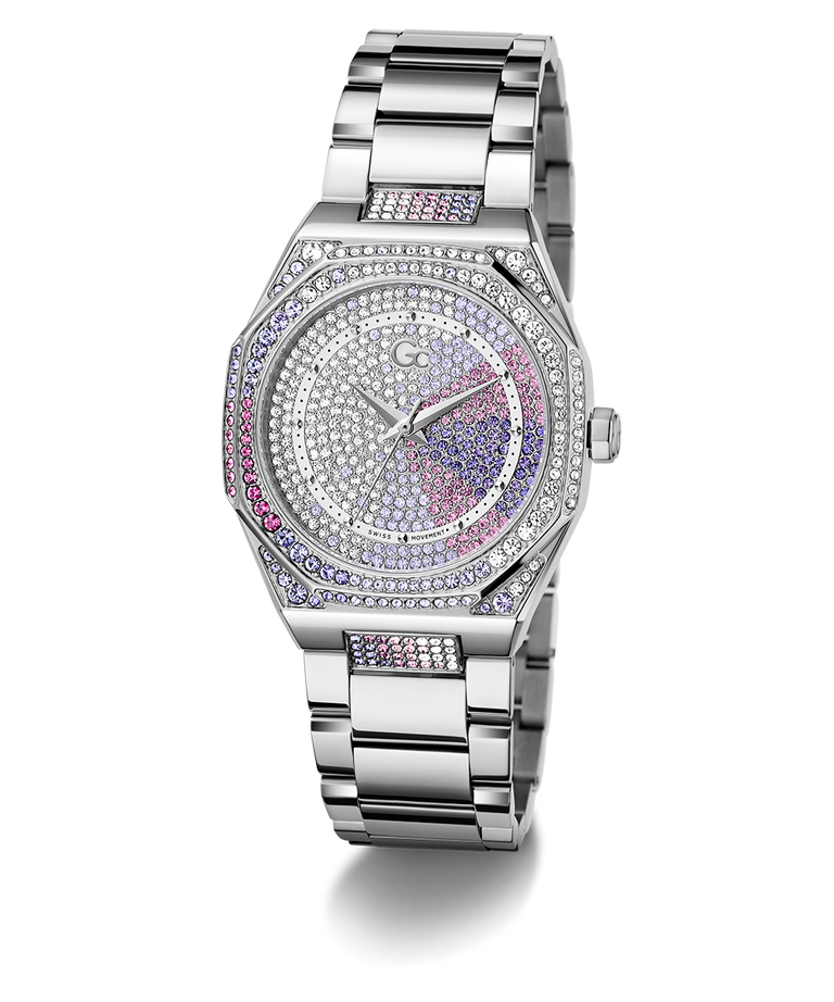 Gc Coussin Sleek Lady Mid Size Metal Silver watch with colorful gemstones on a white background