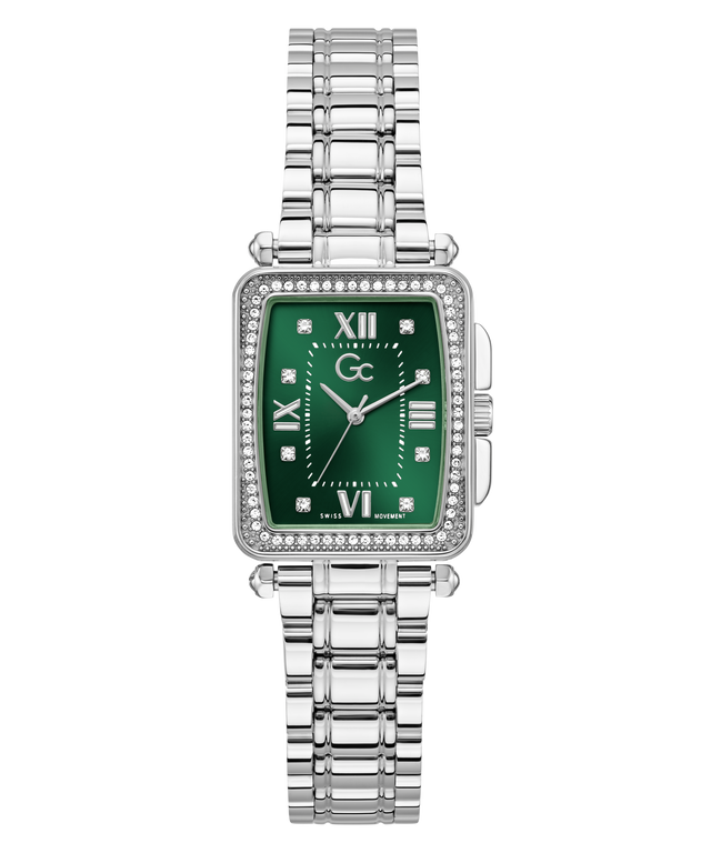 Silver Gc Plaza Mid Size Metal with a green face on a white background