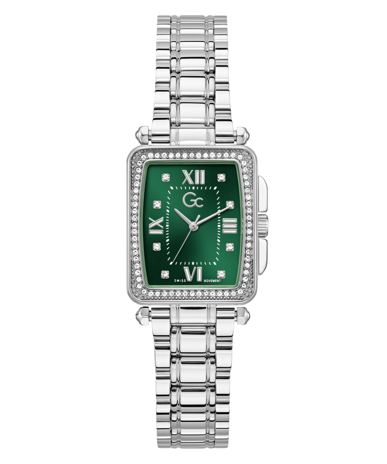 Silver Gc Plaza Mid Size Metal with a green face on a white background