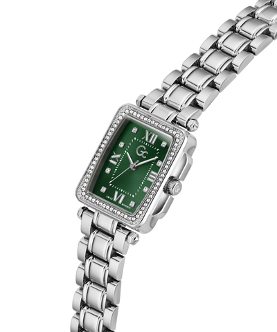 Silver Gc Plaza Mid Size Metal with a green face on a white background lifestyle