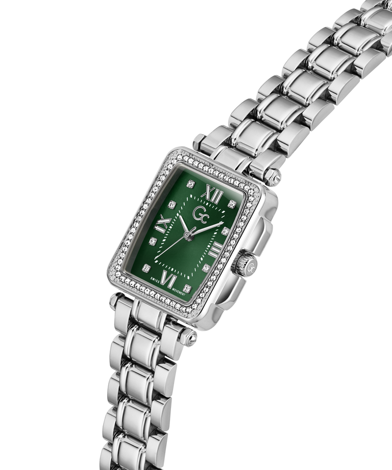 Silver Gc Plaza Mid Size Metal with a green face on a white background lifestyle