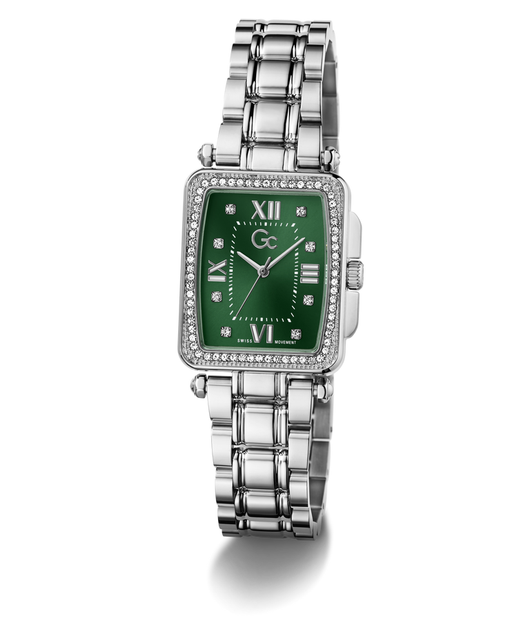 Silver Gc Plaza Mid Size Metal with a green face on a white background