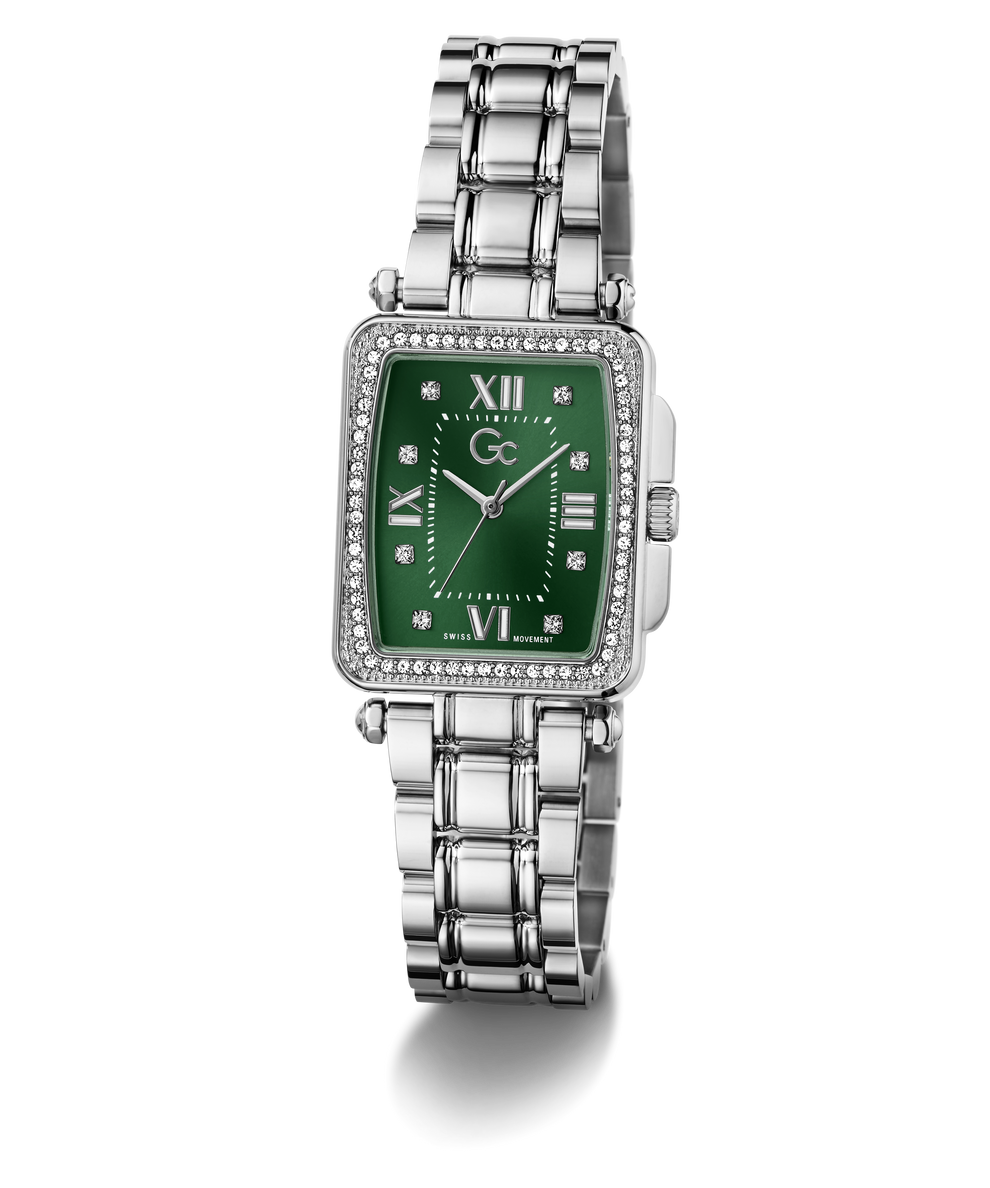 Silver Gc Plaza Mid Size Metal with a green face on a white background
