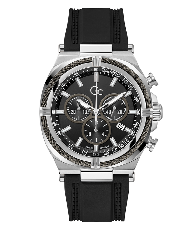 Gc IronClass Chrono Silicone watch with silver case and black rubber strap on a white background