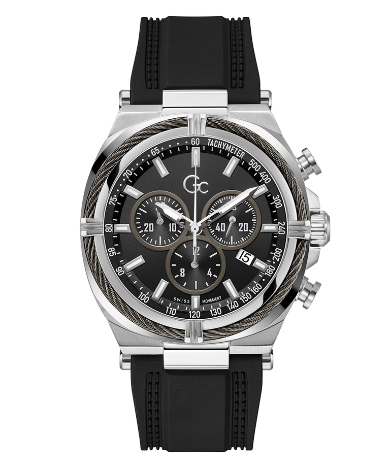 Gc IronClass Chrono Silicone watch with silver case and black rubber strap on a white background